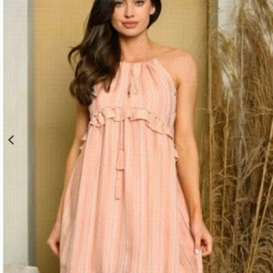 Fanco Peach Sleeveless Ruffle Trim Halter Dress